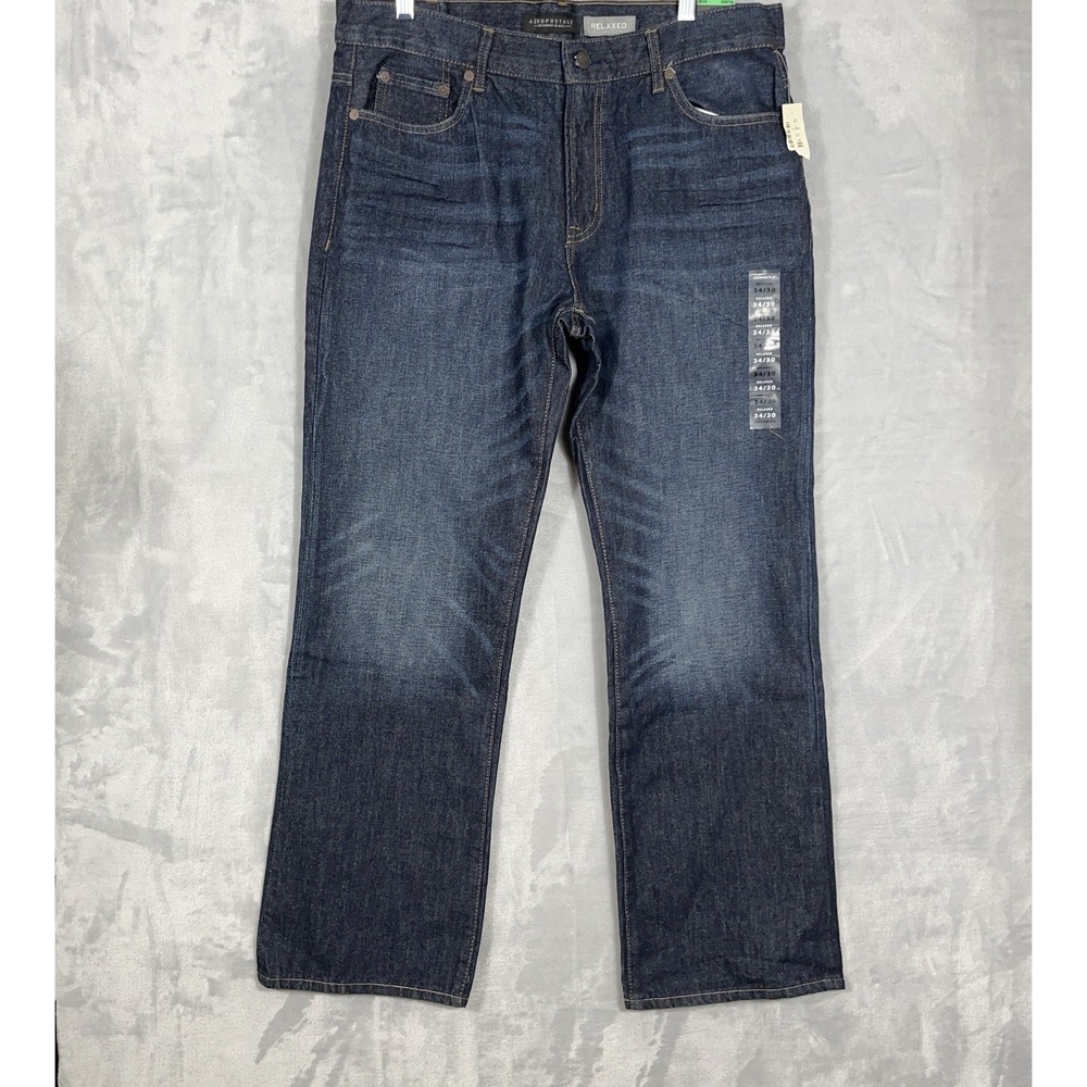 NEW Aeropostale Jeans Men 34x30 Blue‎ Relaxed Fit Stretch Dark Wash Distress